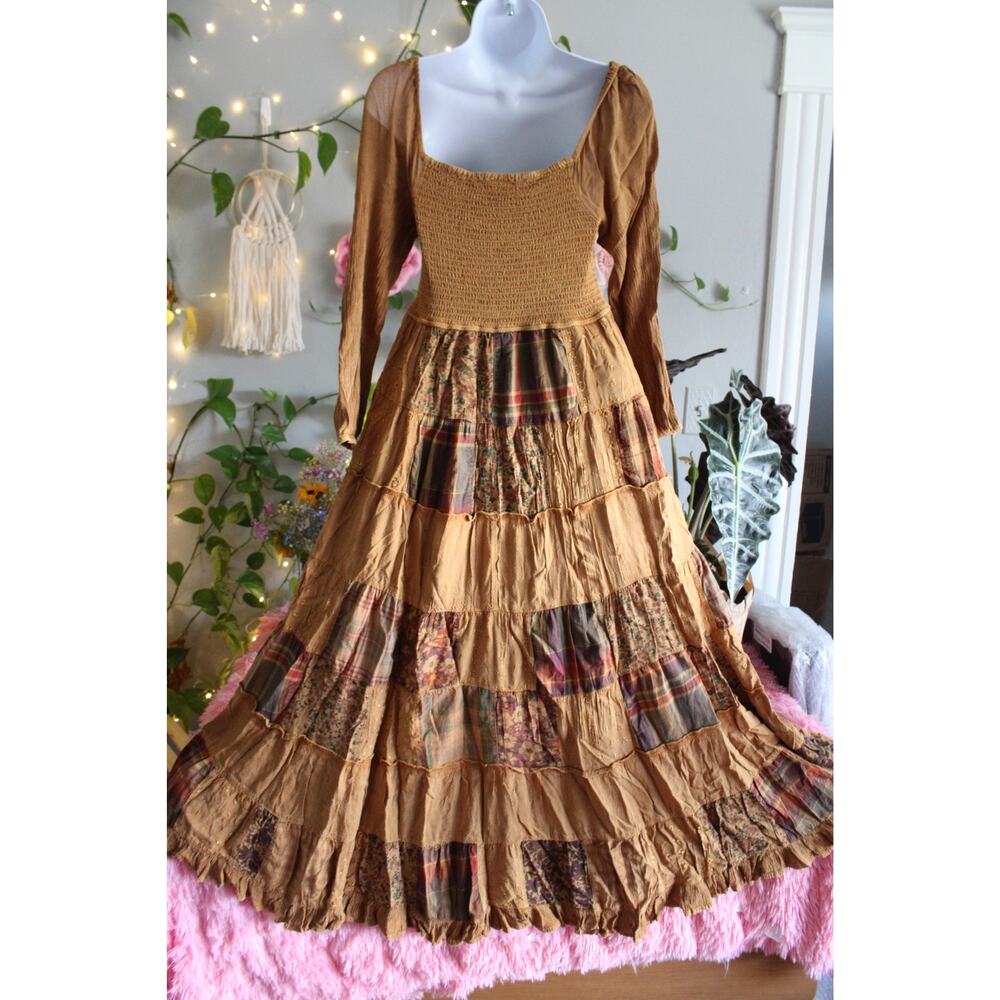 Young Threads Camel Patchwork Smocked Tiered Maxi Dress Size S NWT Boho - Picture 5 of 11